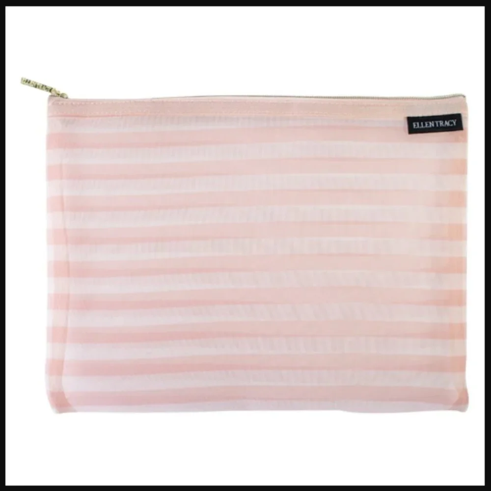 ❣️2/$36 NWT Ellen Tracy 3 Piece Mesh Pouch Set Travel Storage Pink Stripes $35